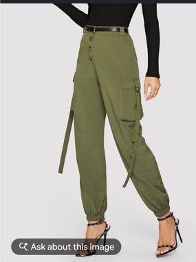 Olive Green High-Waist Cargo Jumpsuit Pants